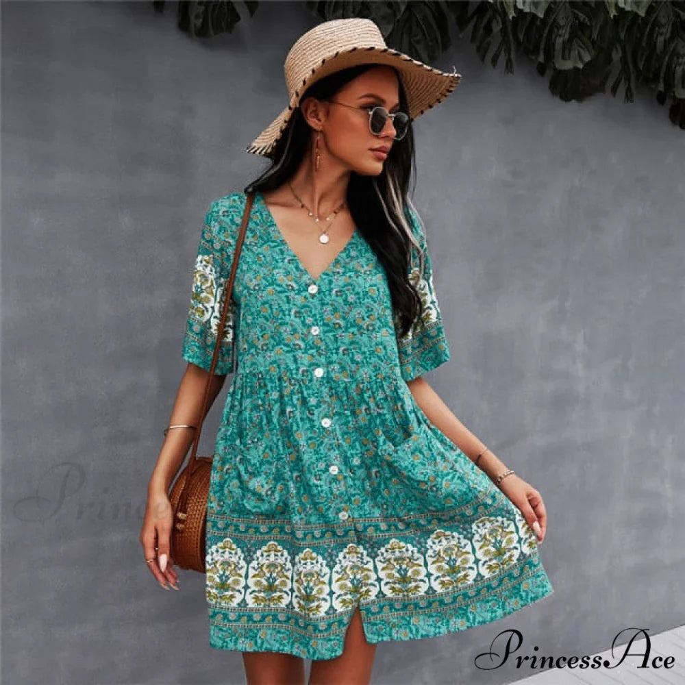 Casual V Neck Bohemian Short Sleeve Dress