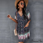 Casual V Neck Bohemian Short Sleeve Dress