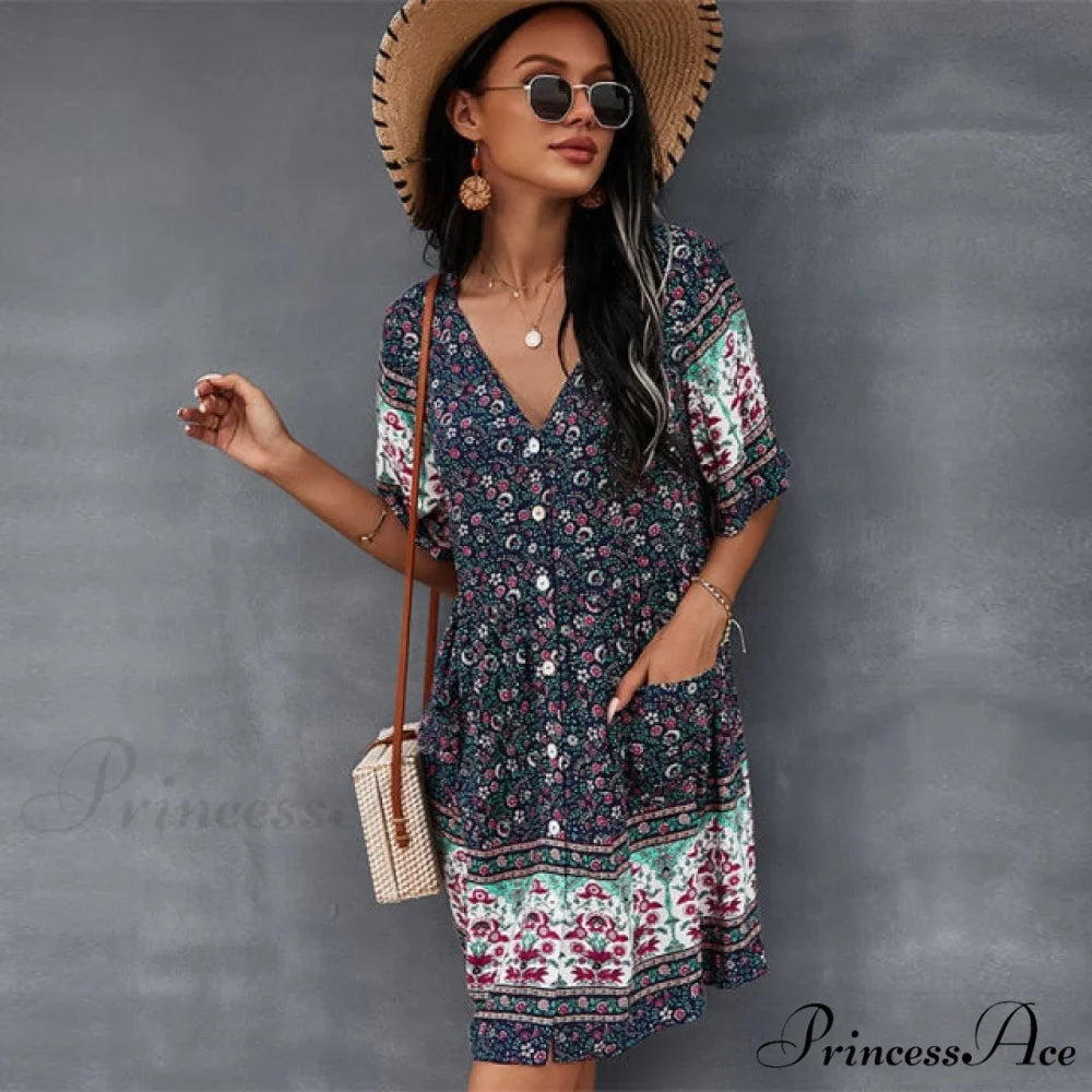 Casual V Neck Bohemian Short Sleeve Dress