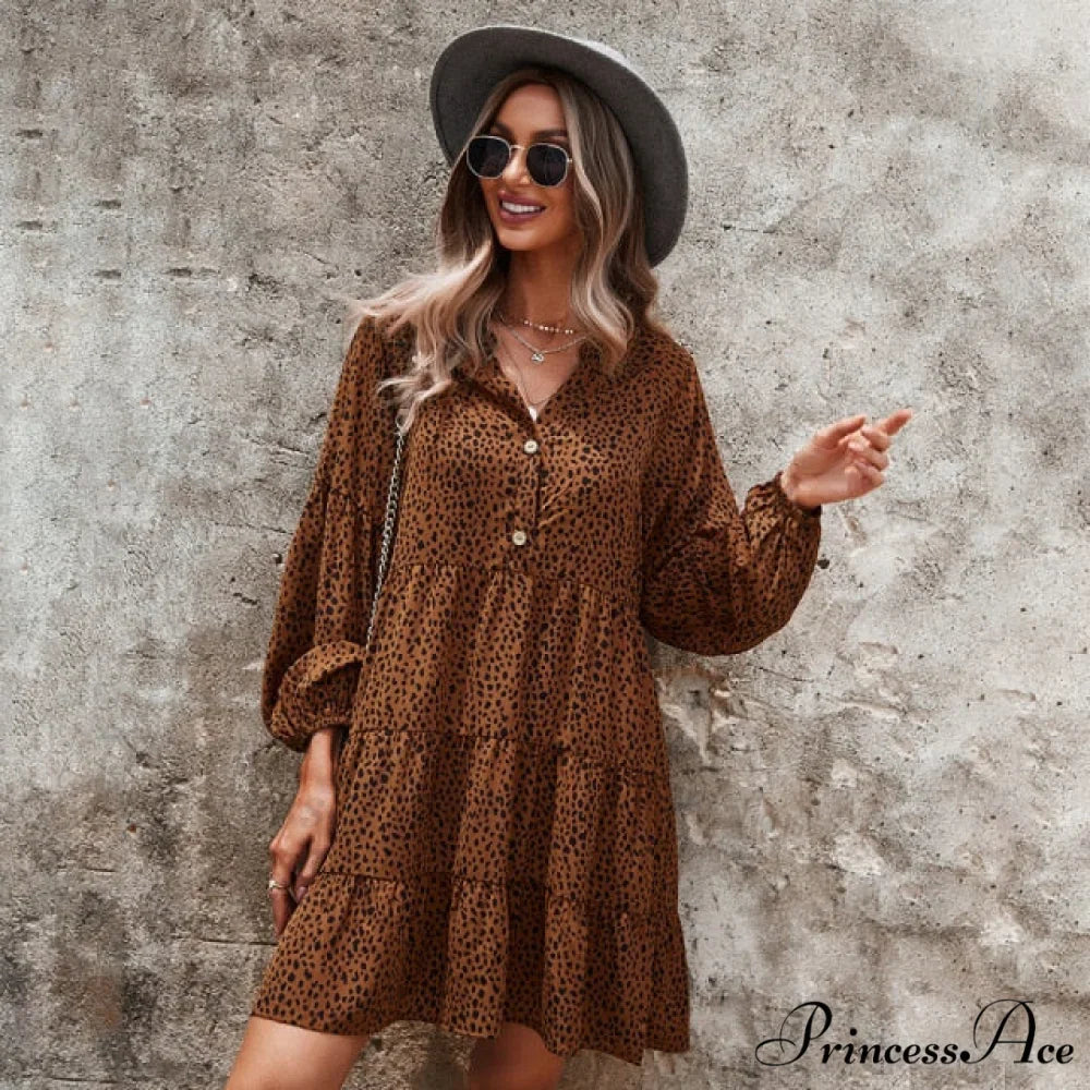 Casual V Neck Button Full Sleeve Dot Mini Dresses