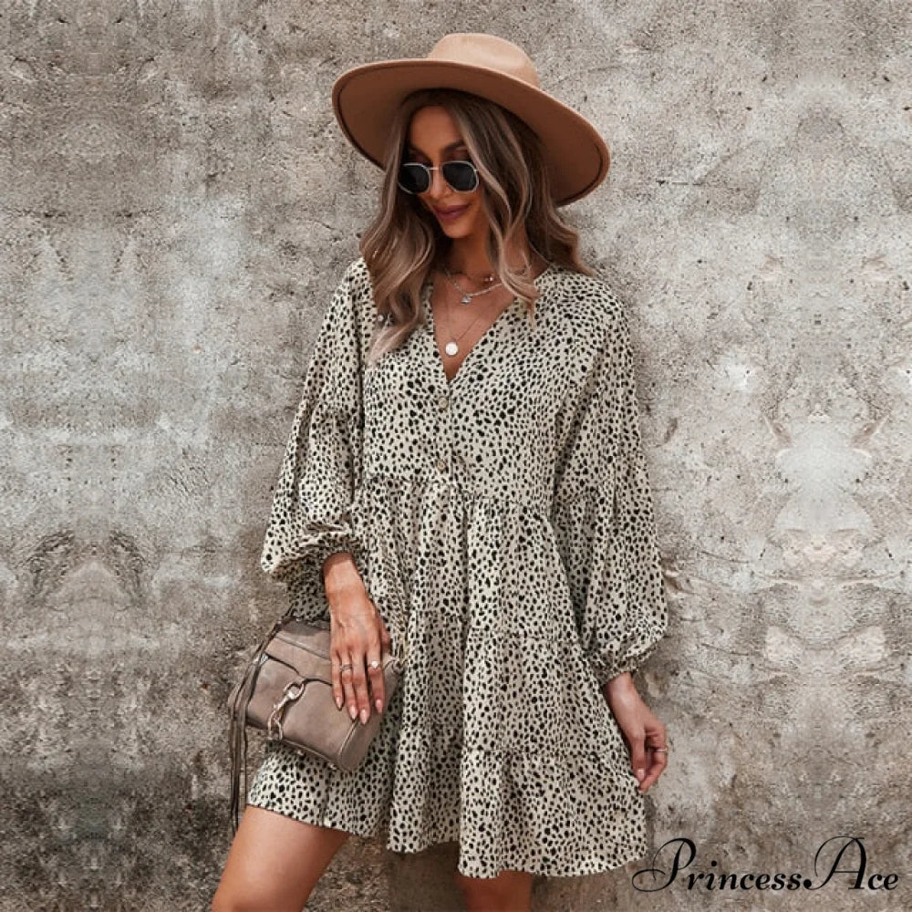 Casual V Neck Button Full Sleeve Dot Mini Dresses