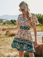 Casual V Neck High Waist Short Sleeve Print Dress