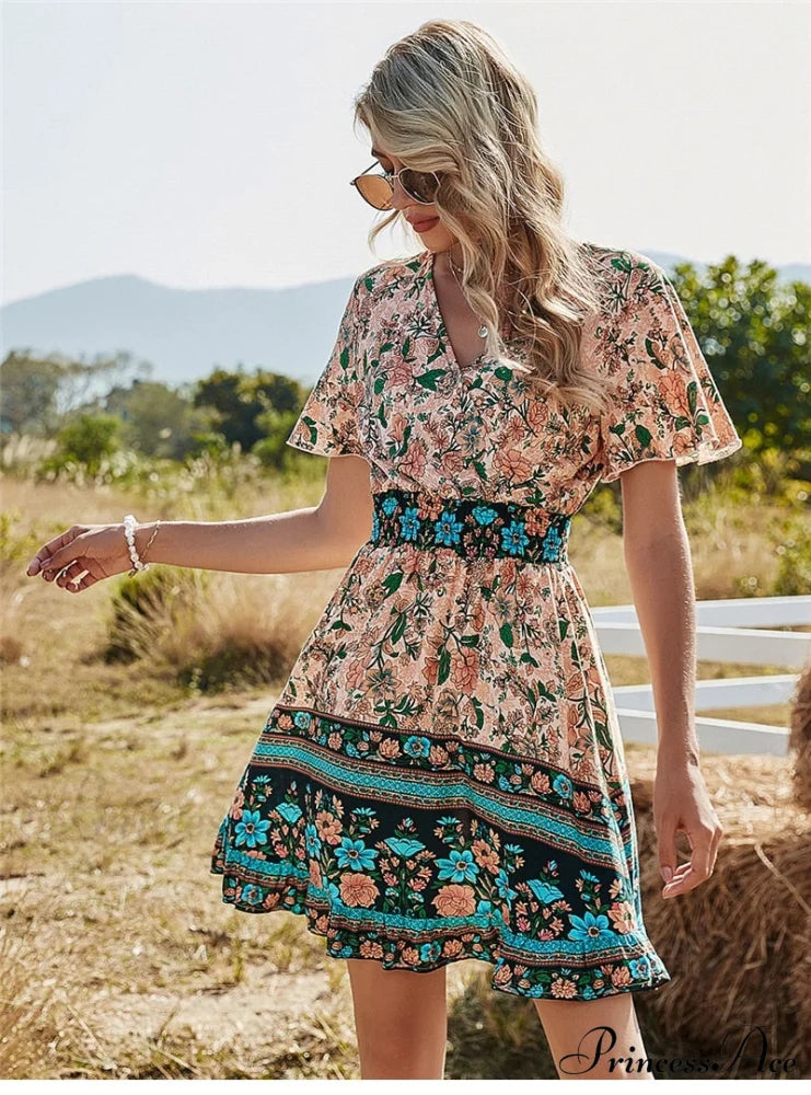 Casual V Neck High Waist Short Sleeve Print Dress