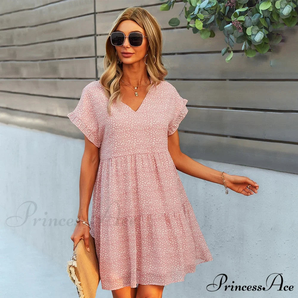 Casual V Neck Ruffles Beach Mini Chiffon Dress