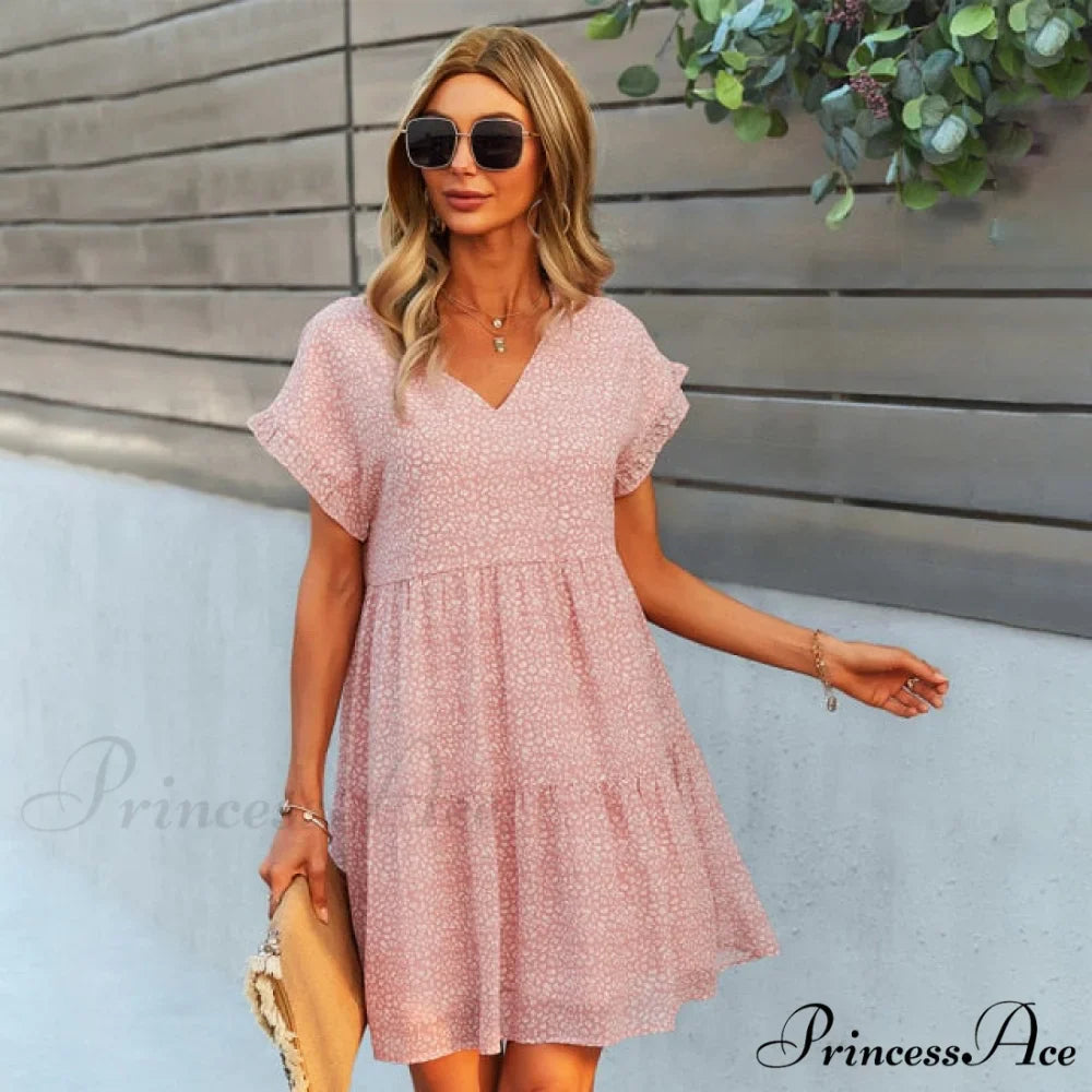 Casual V Neck Ruffles Beach Mini Chiffon Dress