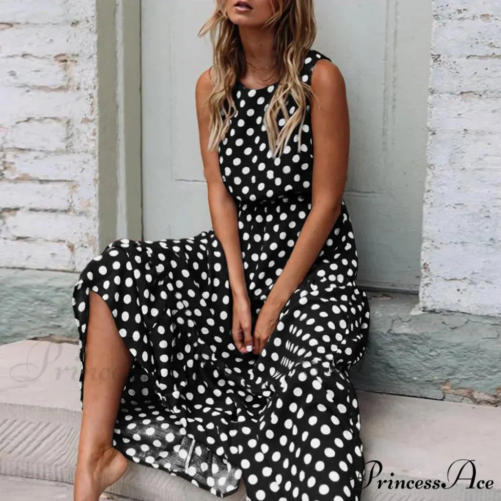 Casual Versatile Sleeveless Round Neck Polka Dot Boho Dress