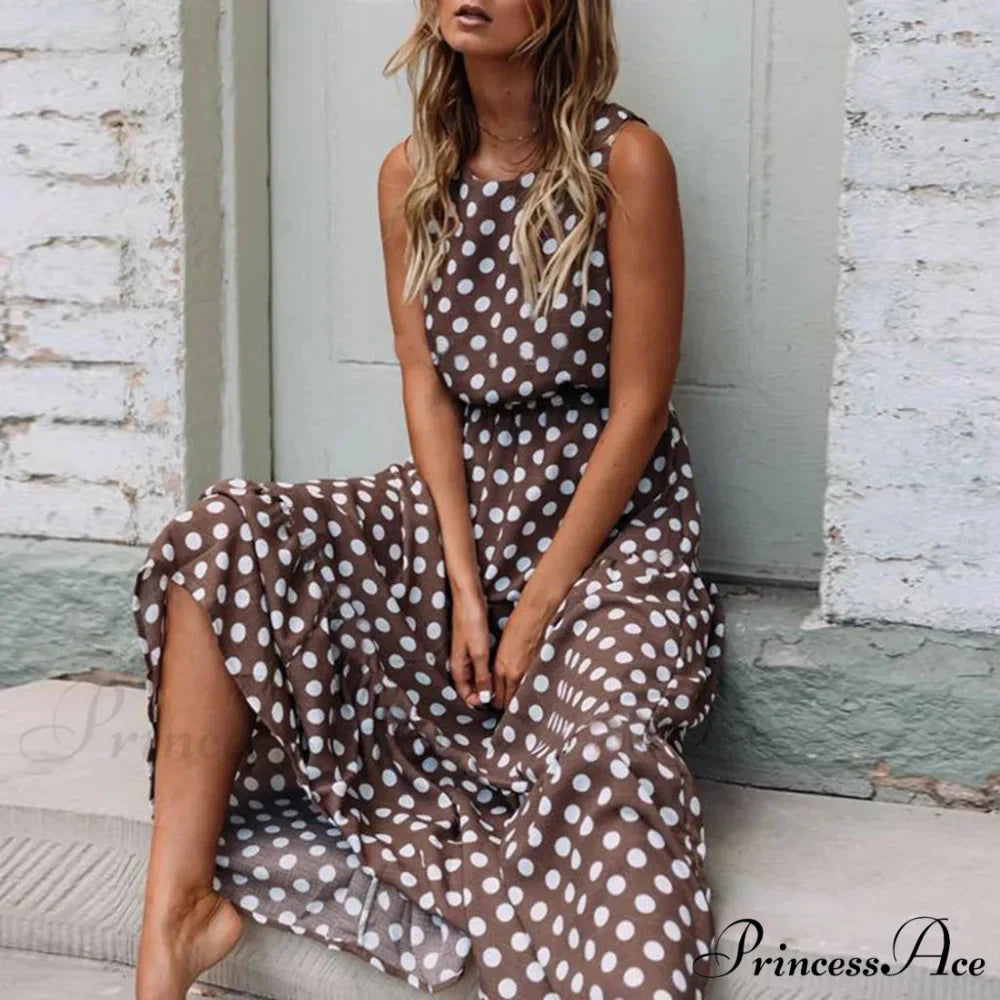 Casual Versatile Sleeveless Round Neck Polka Dot Boho Dress
