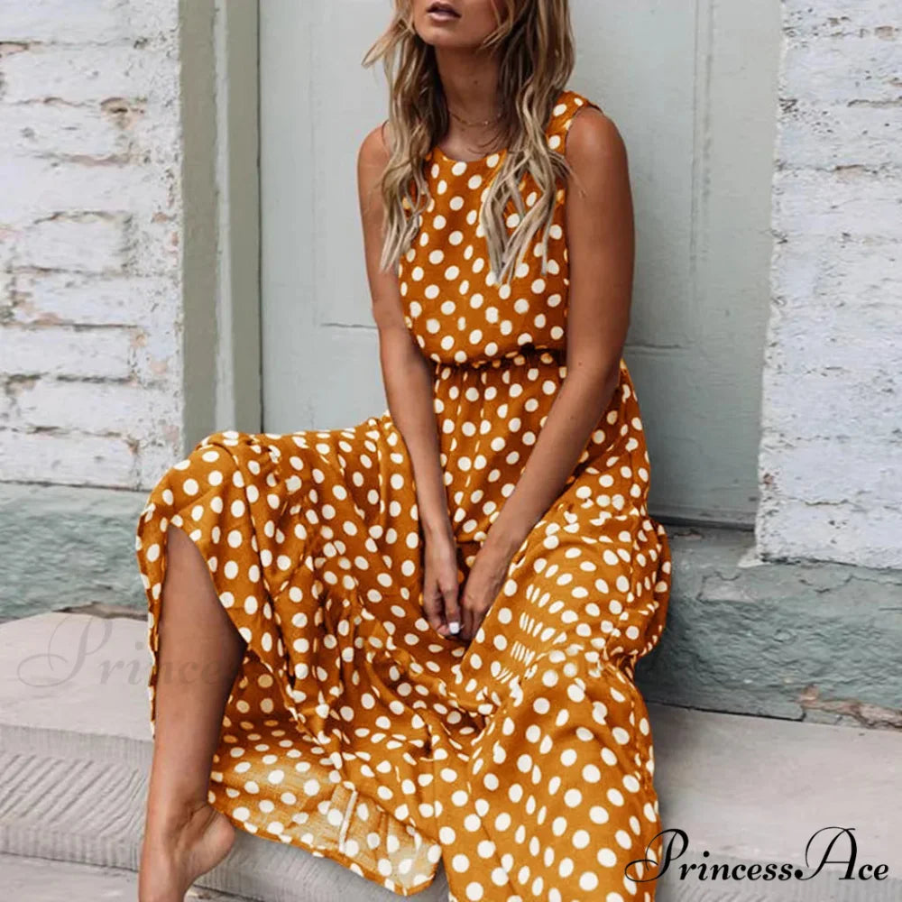 Casual Versatile Sleeveless Round Neck Polka Dot Boho Dress