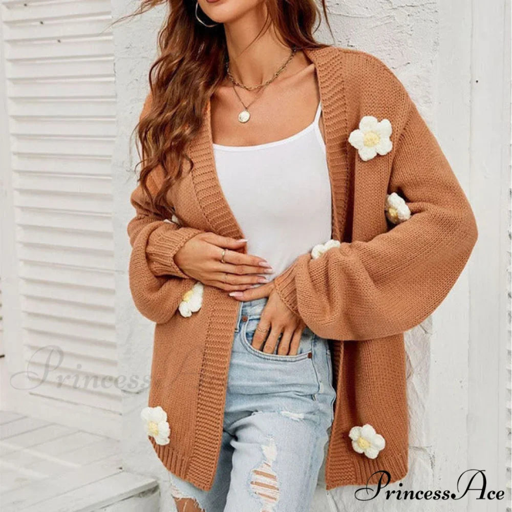 Casual with 3D Flower Cardigan Decoration