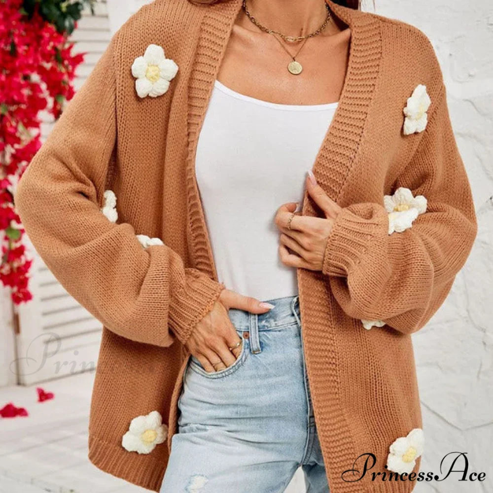 Casual with 3D Flower Cardigan Decoration