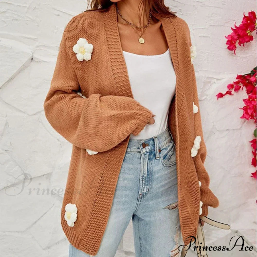 Casual with 3D Flower Cardigan Decoration