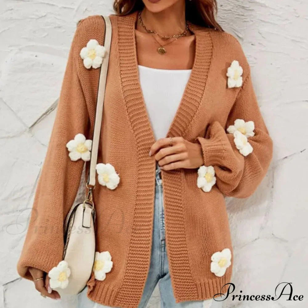 Casual with 3D Flower Cardigan Decoration