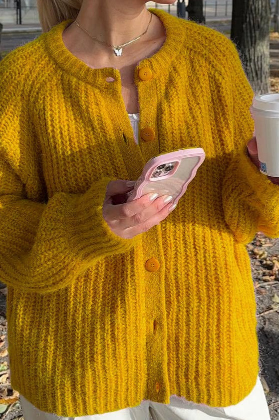 Solid Knit Round Neck Long Sleeve Cardigan