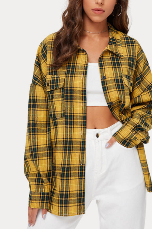 Plaid Stand Collar Button Shirt  Blouse