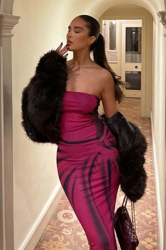 Striped Print Bodycon Strapless Maxi Dress