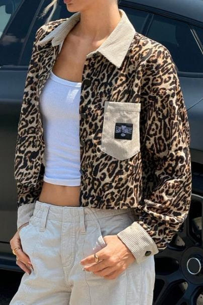 Leopard Print Corduroy Button Coat