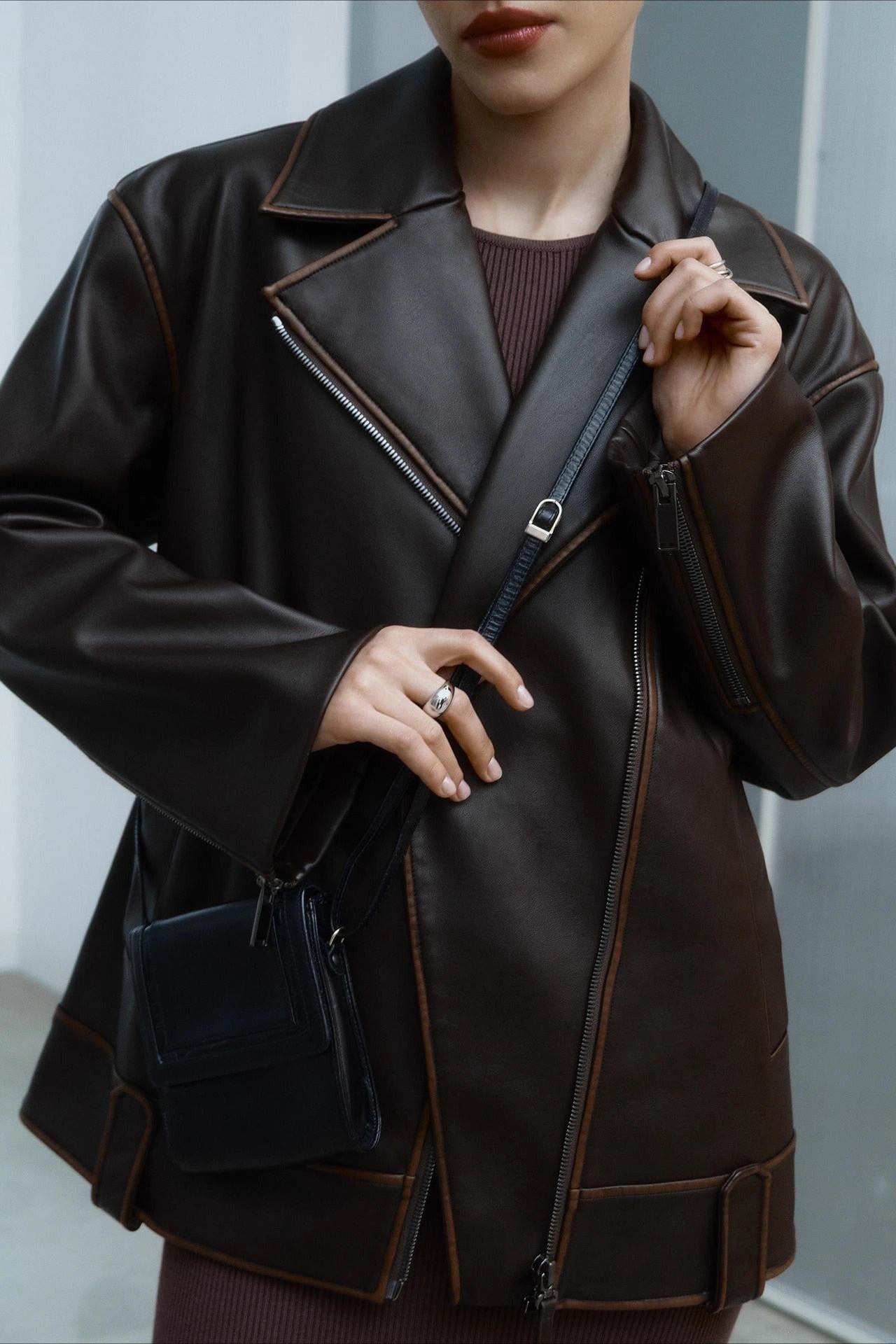 Fashion PU Leather Collar Jacket