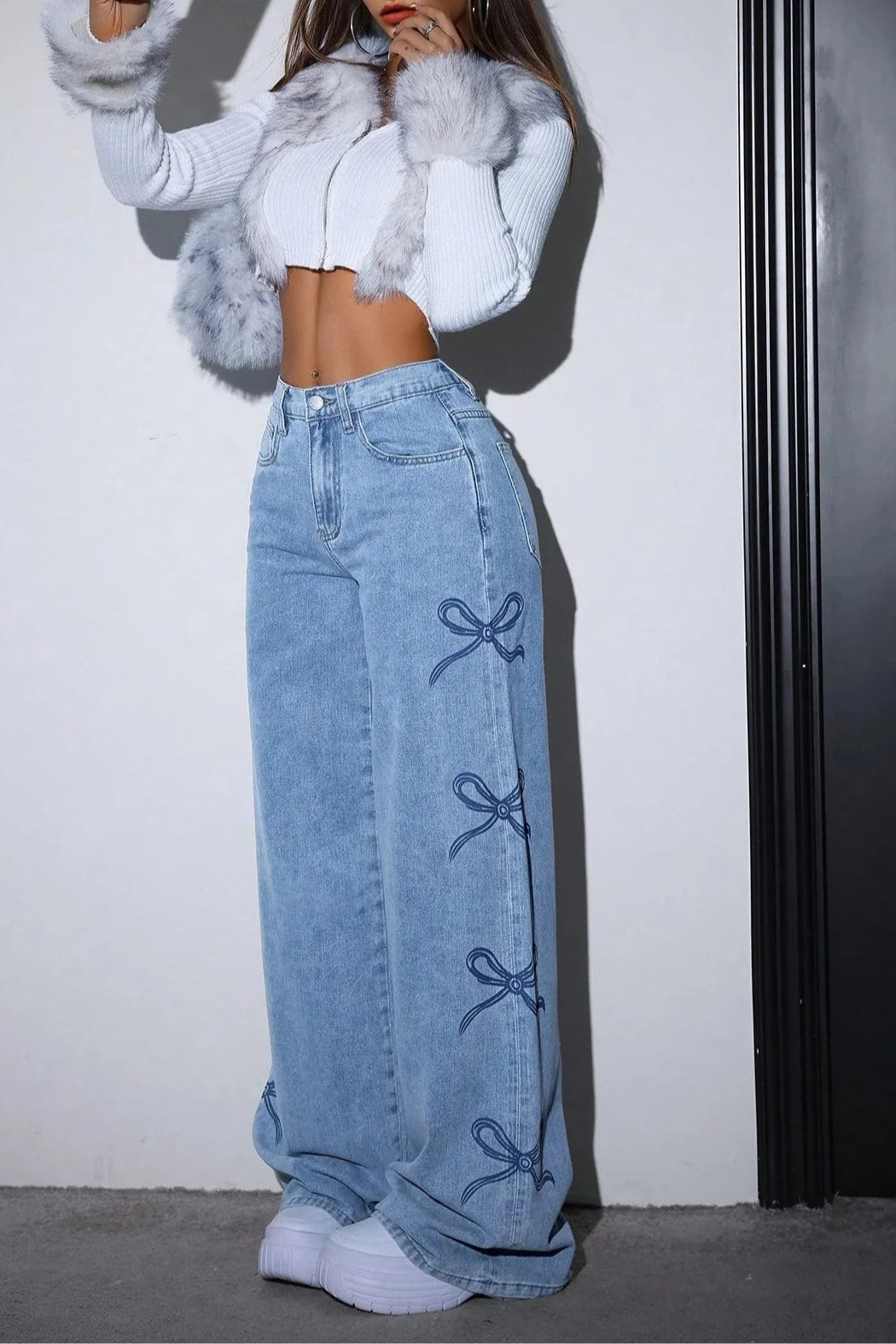 High Waist Washed Bow Tie Jeans