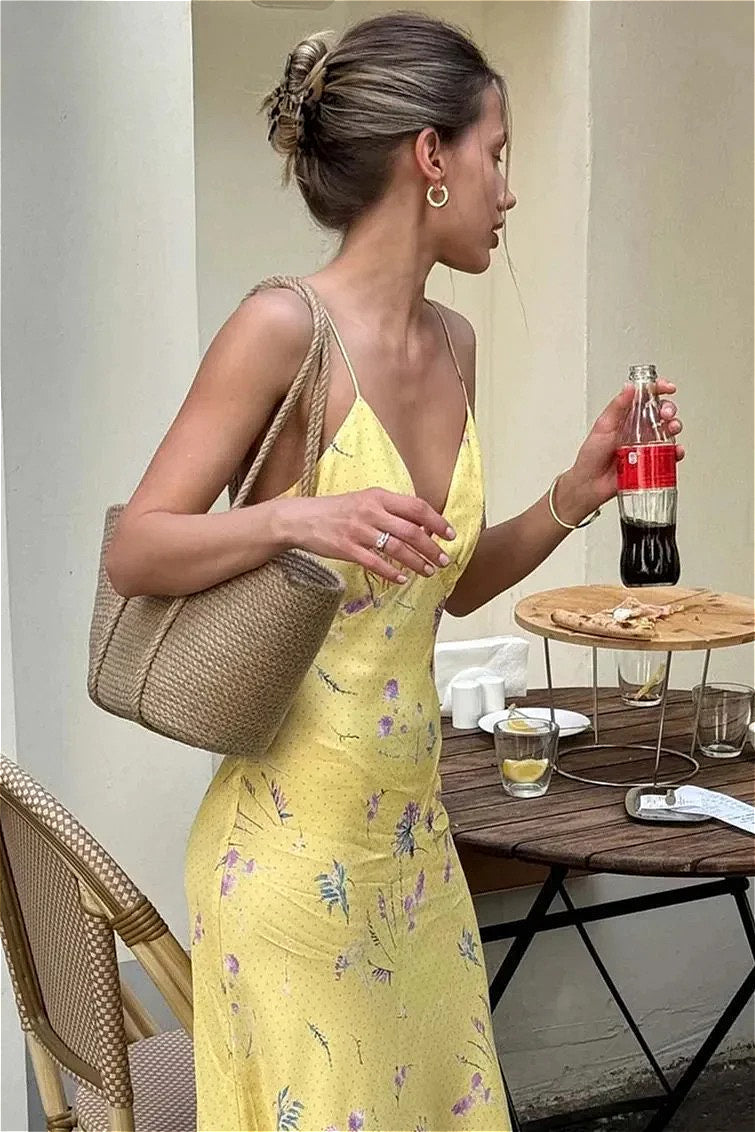 Casual Yellow Print Spaghetti Strap Floral Dress