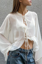 Drawstring Mock Neck Chiffon Blouse