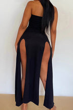 Y2K Hollow Waist Cross Rhinestone Strapless Maxi Dress