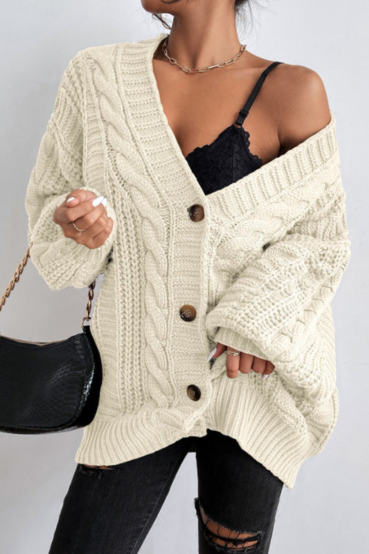 V-Neck Vintage Cable Knit Balloon Sleeve Cardigan