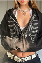 Solid Rhinestone Skeleton Zip Up Hoodie