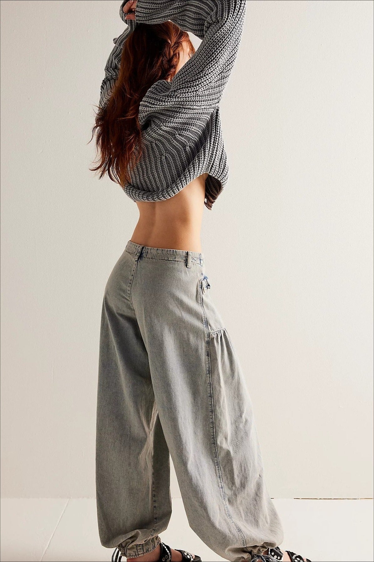 Ruched Mid Rise Wide Leg Jeans