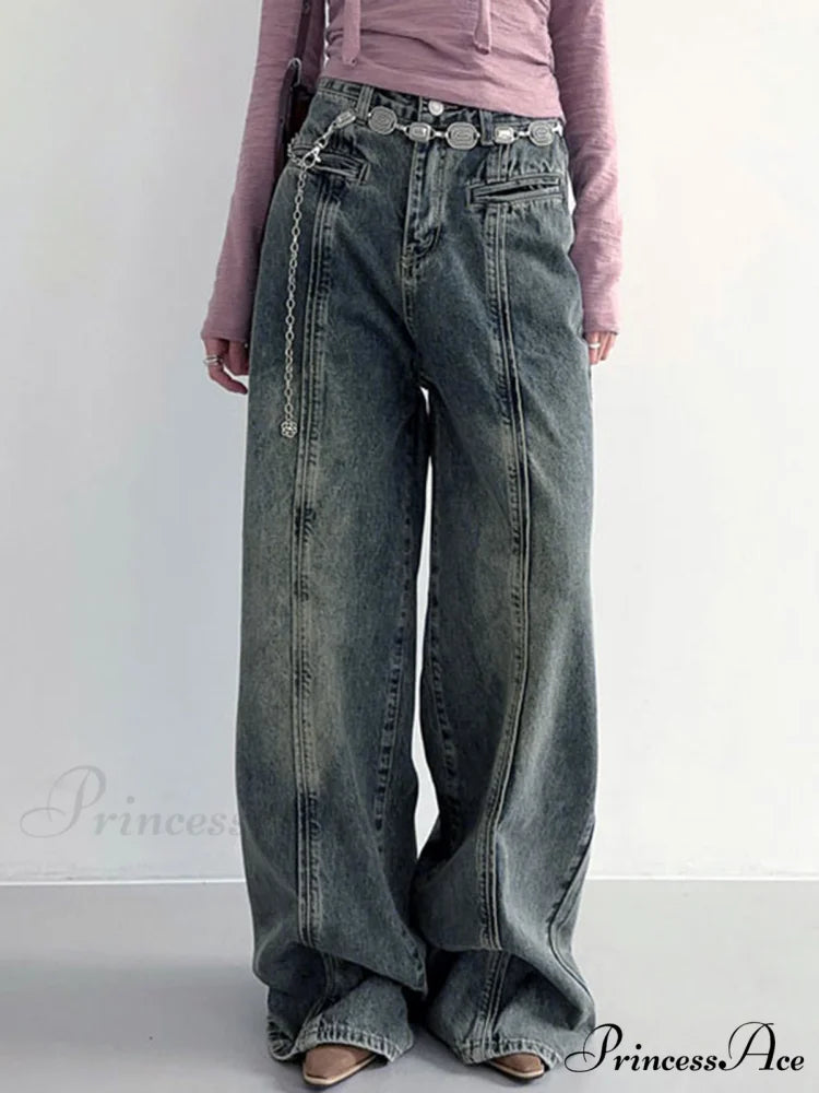 Center Stripe Wide Trendy Leg Jeans Without Belt
