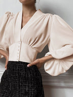 Vintage Lantern Sleeve V-Neck Slim Fit Blouse