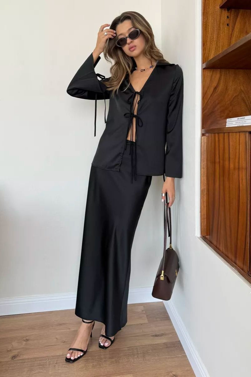 Satin Tie Front Fitted Blouse