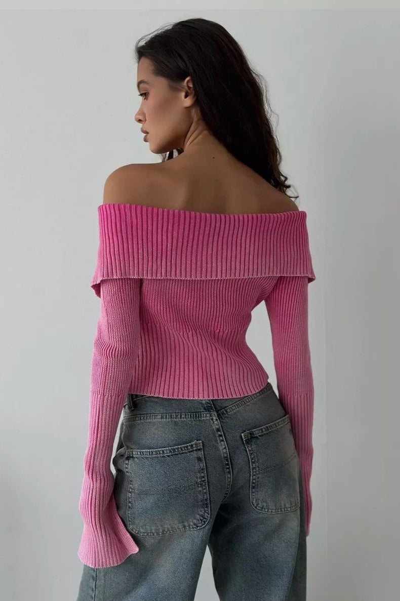 Off Shoulder Zipper Fitted Knit  Blouse