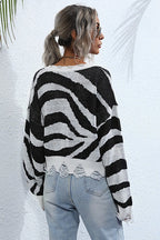 Colorblock V-Neck Distressed Sweater