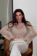 Solid Color Sequined Hollow Long Sleeve Knit Sweater