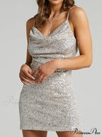 Chain Strap Sequin Sleeveless V Neck Backless Split A Line Dress