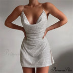 Chain Strap Sequin Sleeveless V Neck Backless Split A Line Dress