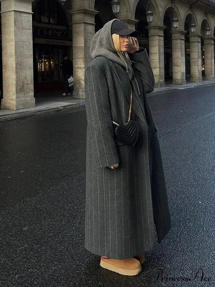 Charcoal Gray Stripe Woolen Overcoat