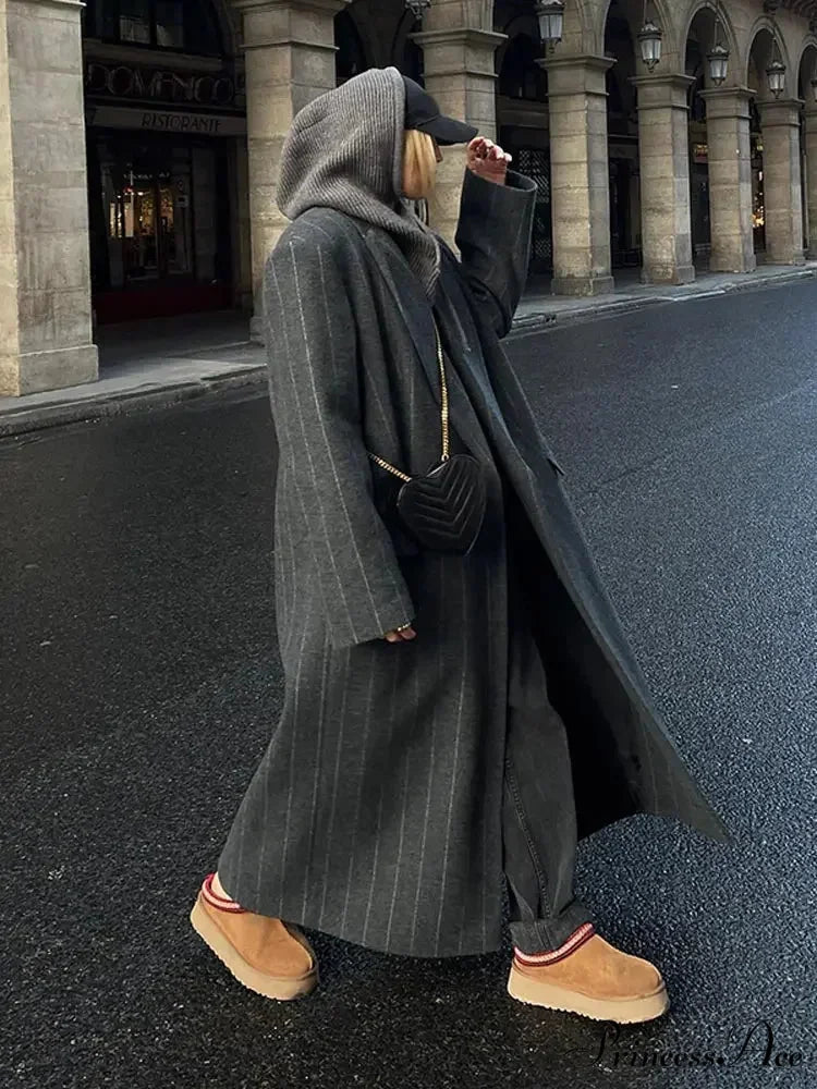 Charcoal Gray Stripe Woolen Overcoat