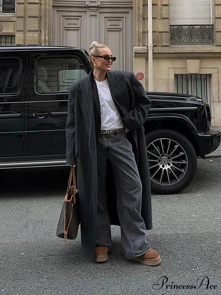 Charcoal Gray Stripe Woolen Overcoat