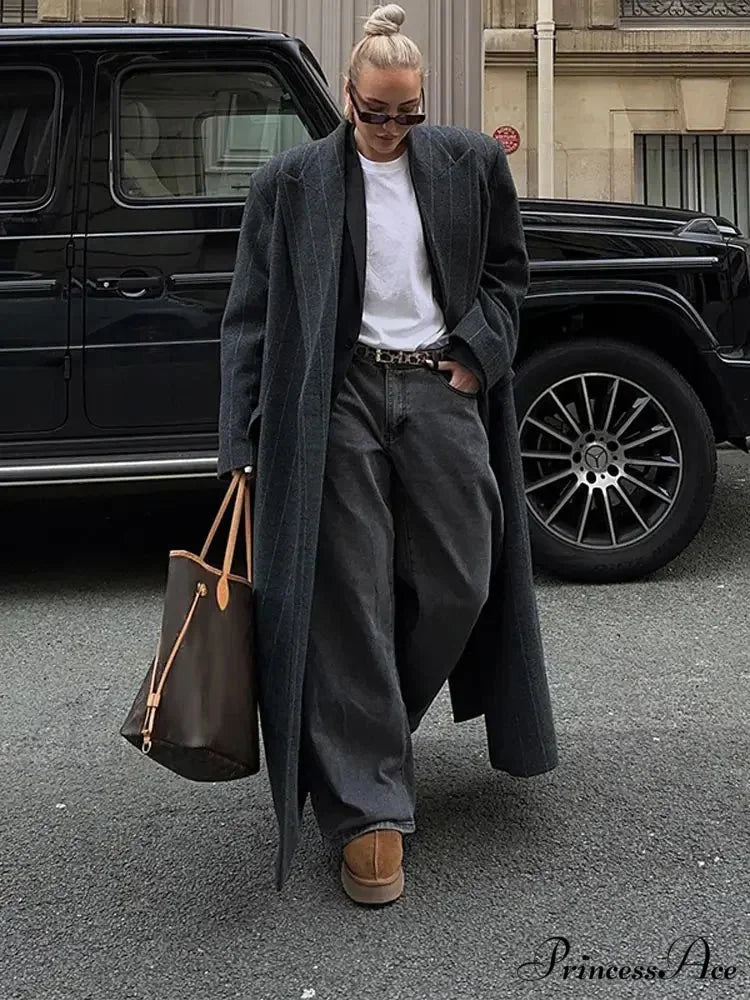 Charcoal Gray Stripe Woolen Overcoat