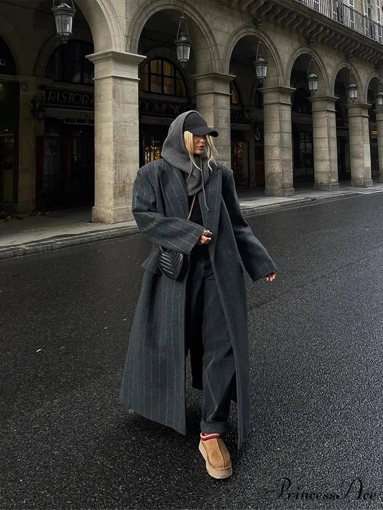Charcoal Gray Stripe Woolen Overcoat