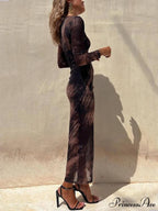 Charm Lady Mesh Overlay Tie Dye Modern Print Long Sleeve Ruched Stretch Midi Dress