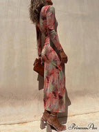 Charm Lady Mesh Overlay Tie Dye Modern Print Long Sleeve Ruched Stretch Midi Dress