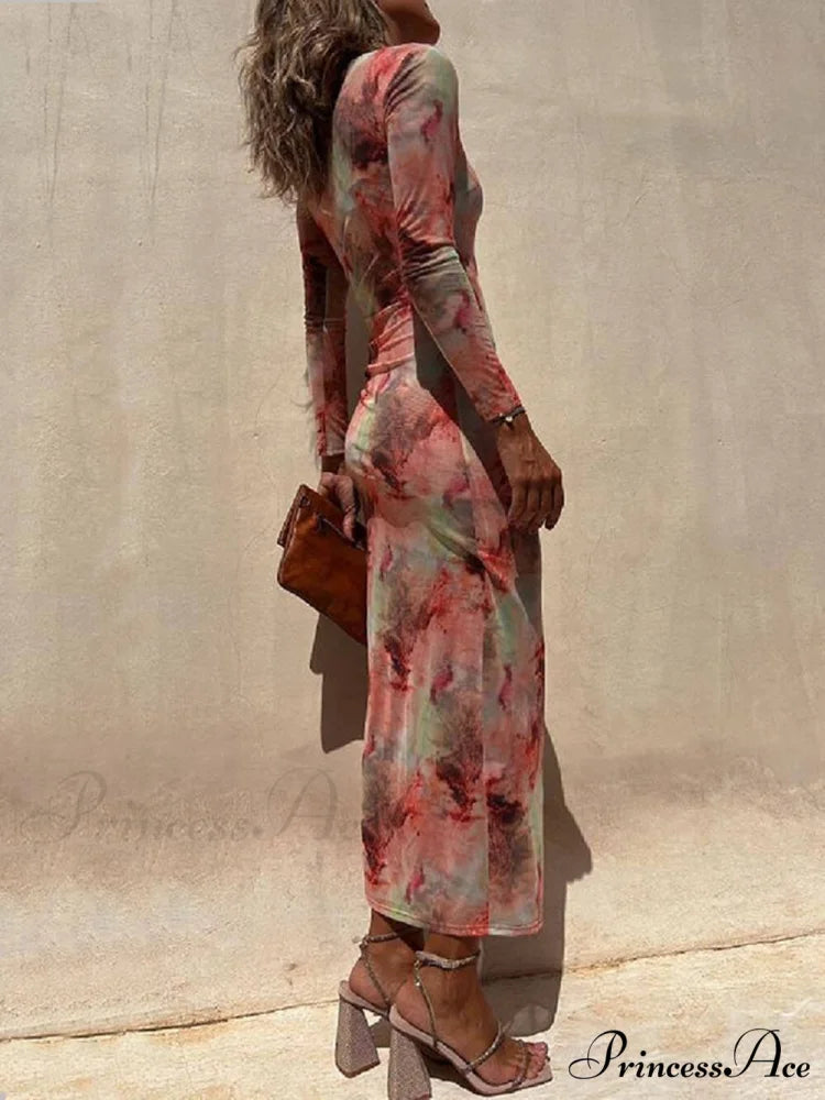 Charm Lady Mesh Overlay Tie Dye Modern Print Long Sleeve Ruched Stretch Midi Dress