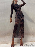 Charm Lady Mesh Overlay Tie Dye Modern Print Long Sleeve Ruched Stretch Midi Dress