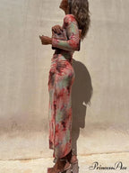 Charm Lady Mesh Overlay Tie Dye Modern Print Long Sleeve Ruched Stretch Midi Dress