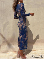 Charm Lady Mesh Overlay Tie Dye Modern Print Long Sleeve Ruched Stretch Midi Dress