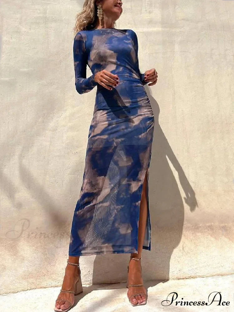 Charm Lady Mesh Overlay Tie Dye Modern Print Long Sleeve Ruched Stretch Midi Dress