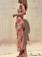 Charm Lady Mesh Overlay Tie Dye Modern Print Long Sleeve Ruched Stretch Midi Dress