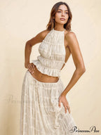 Charm Pleated Drawstring Charming Waist Tiered Maxi Skirt